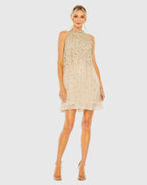 High Neck Sleeveless Sequin Embellished Trapeze Dress